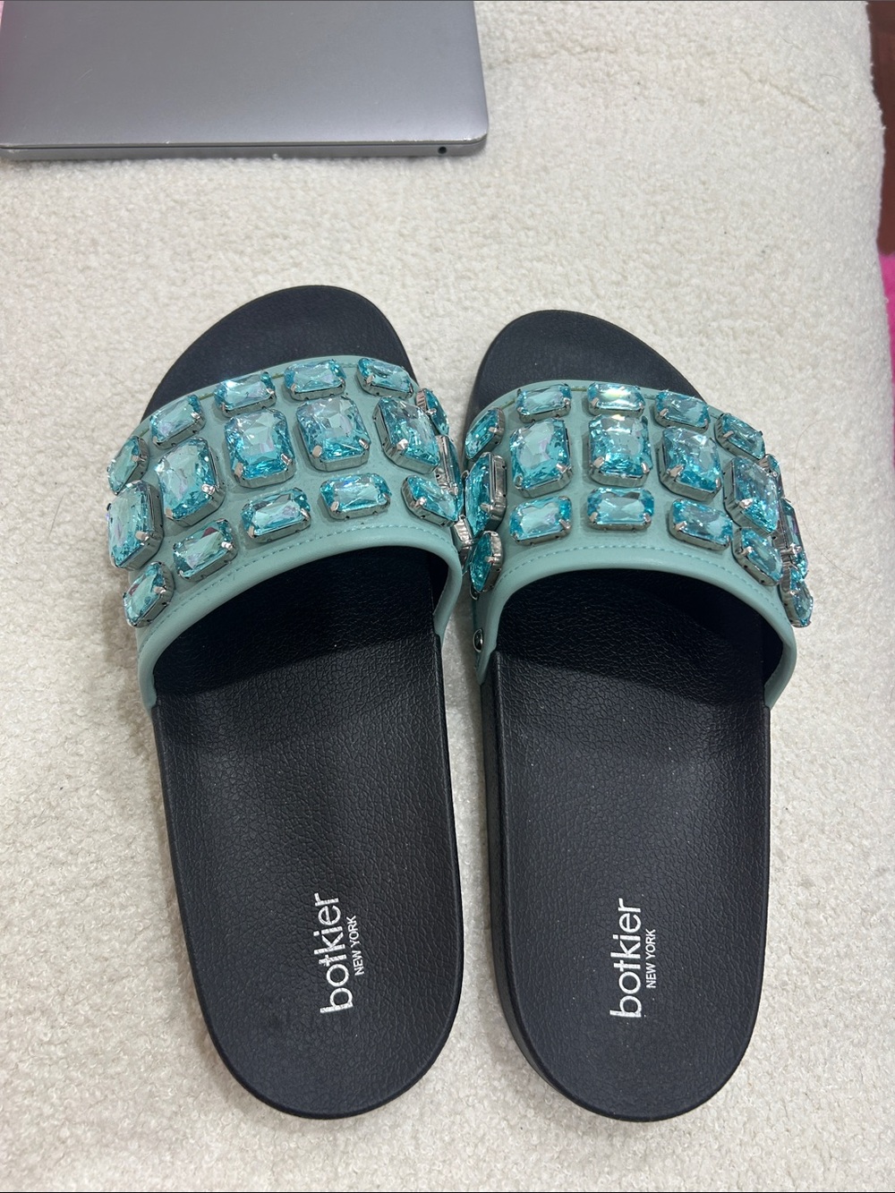Botkier Aqua Crystal Slide Sandals with Black Footbed